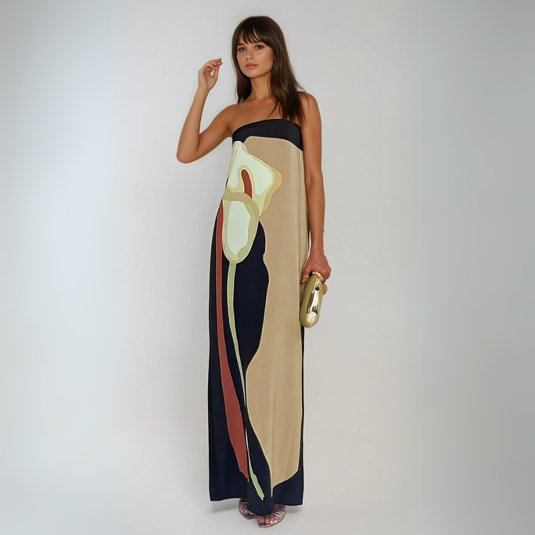 Kvinne Maxi Kjole Strapless Lett Stoff Kunstnerisk Trykk 1