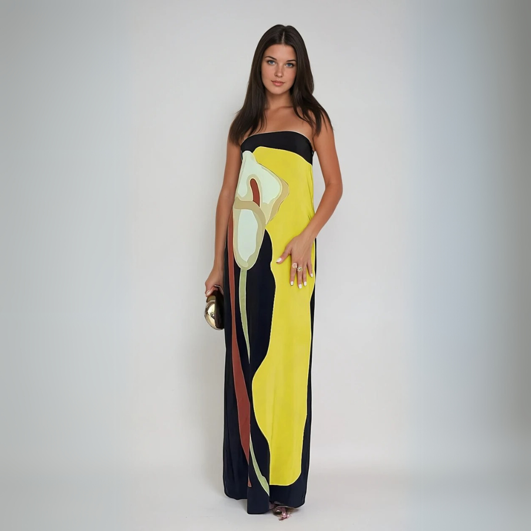 Kvinne Maxi Kjole Strapless Lett Stoff Kunstnerisk Trykk 4