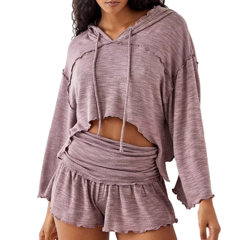 Kvinne To-delt Sett Cropped Langermet Topp Høy Midje Flowy Shorts Jersey-blanding 2