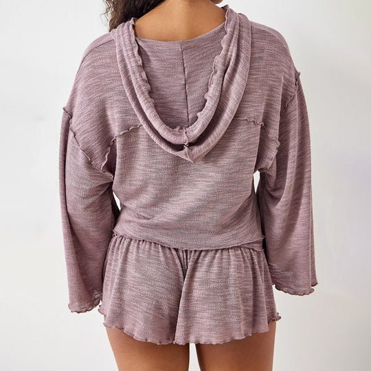 Kvinne To-delt Sett Cropped Langermet Topp Høy Midje Flowy Shorts Jersey-blanding 3