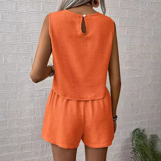 Kvinne To-delt Sett Lettvevd Avslappet Passform Kort Topp Høytlivs Shortser 2