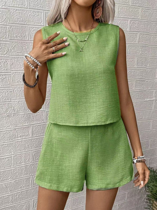 Kvinne To-delt Sett Lettvevd Avslappet Passform Kort Topp Høytlivs Shortser 4