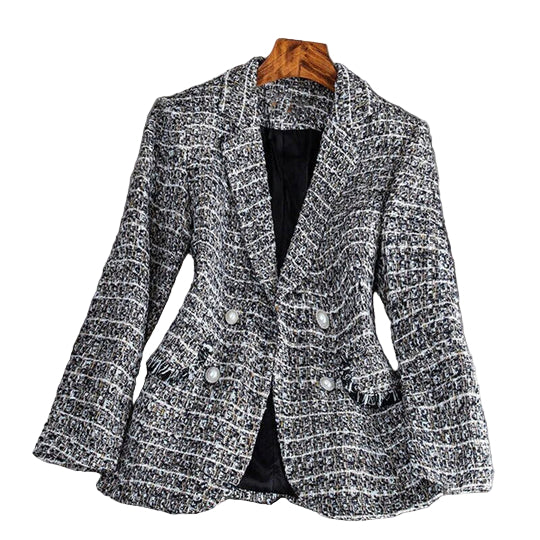 Kvinnens Skreddersydde Blazer i Tweed Stoff med Dobbelspent Design 0