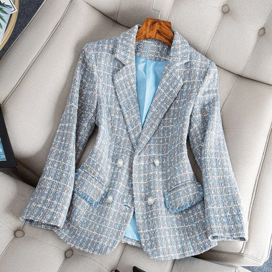 Kvinnens Skreddersydde Blazer i Tweed Stoff med Dobbelspent Design 1