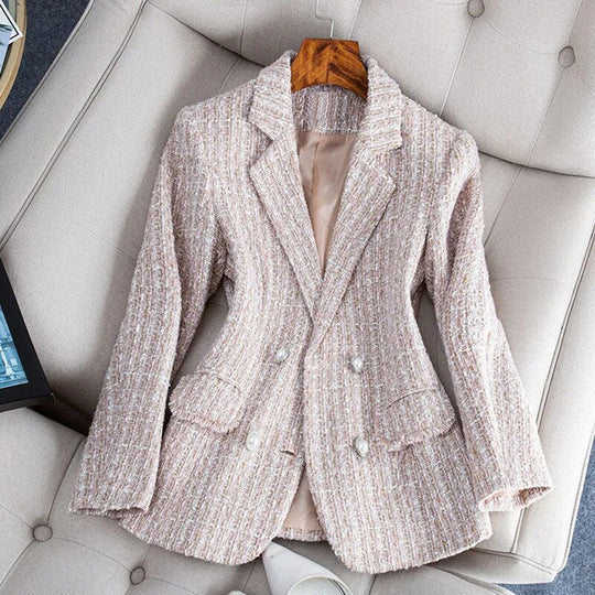 Kvinnens Skreddersydde Blazer i Tweed Stoff med Dobbelspent Design 2