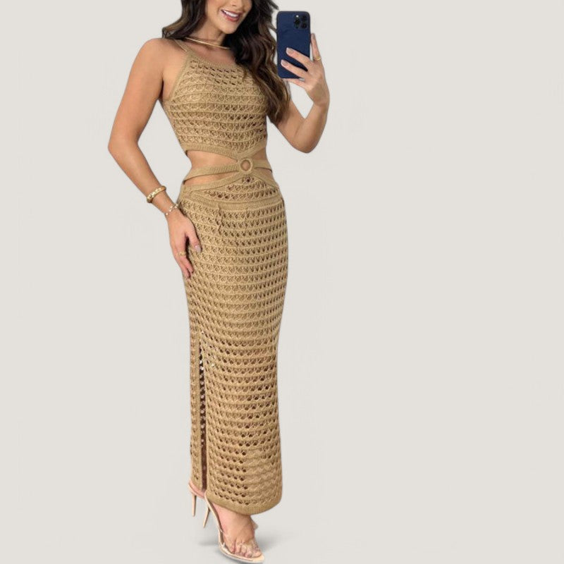 Kvinners Maxikjole Med Utskjæring Og Strikket Tekstur, Lett Og Luftig Stil 1