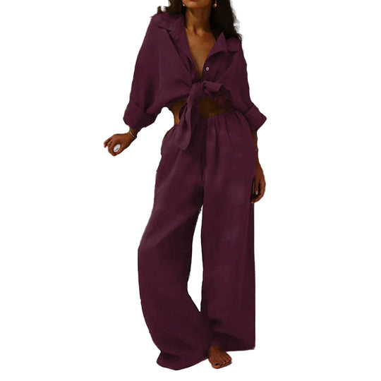 Kvinners To-Delt Sett – Linblanding – Oversized Passform – Knappe-Ned Skjorte & Vide Bukser 0