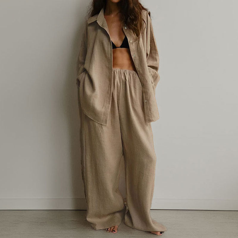 Kvinners To-Delt Sett – Linblanding – Oversized Passform – Knappe-Ned Skjorte & Vide Bukser 1