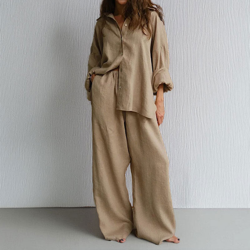 Kvinners To-Delt Sett – Linblanding – Oversized Passform – Knappe-Ned Skjorte & Vide Bukser 2