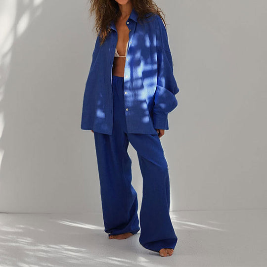 Kvinners To-Delt Sett – Linblanding – Oversized Passform – Knappe-Ned Skjorte & Vide Bukser 3