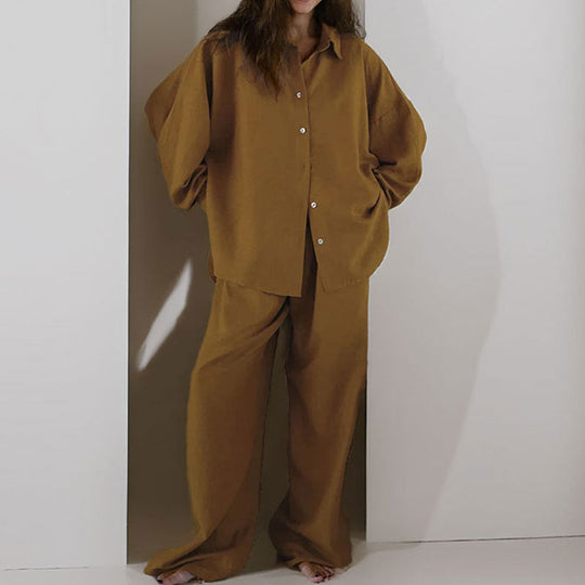 Kvinners To-Delt Sett – Linblanding – Oversized Passform – Knappe-Ned Skjorte & Vide Bukser 4