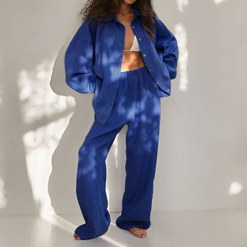 Kvinners To-Delt Sett – Linblanding – Oversized Passform – Knappe-Ned Skjorte & Vide Bukser 5