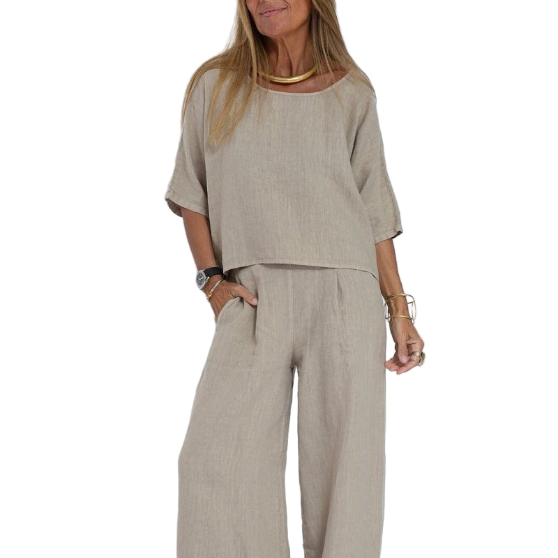 Kvinners To-delt Sett – Linblanding – Avslappet Passform – Kortermet Topp & Vide Bukser 0