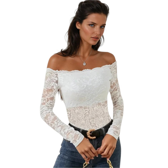 Kvinners Top Utringet Langermet Blonde Elastisk Stoffblanding 0