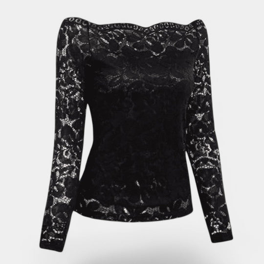 Kvinners Top Utringet Langermet Blonde Elastisk Stoffblanding 2