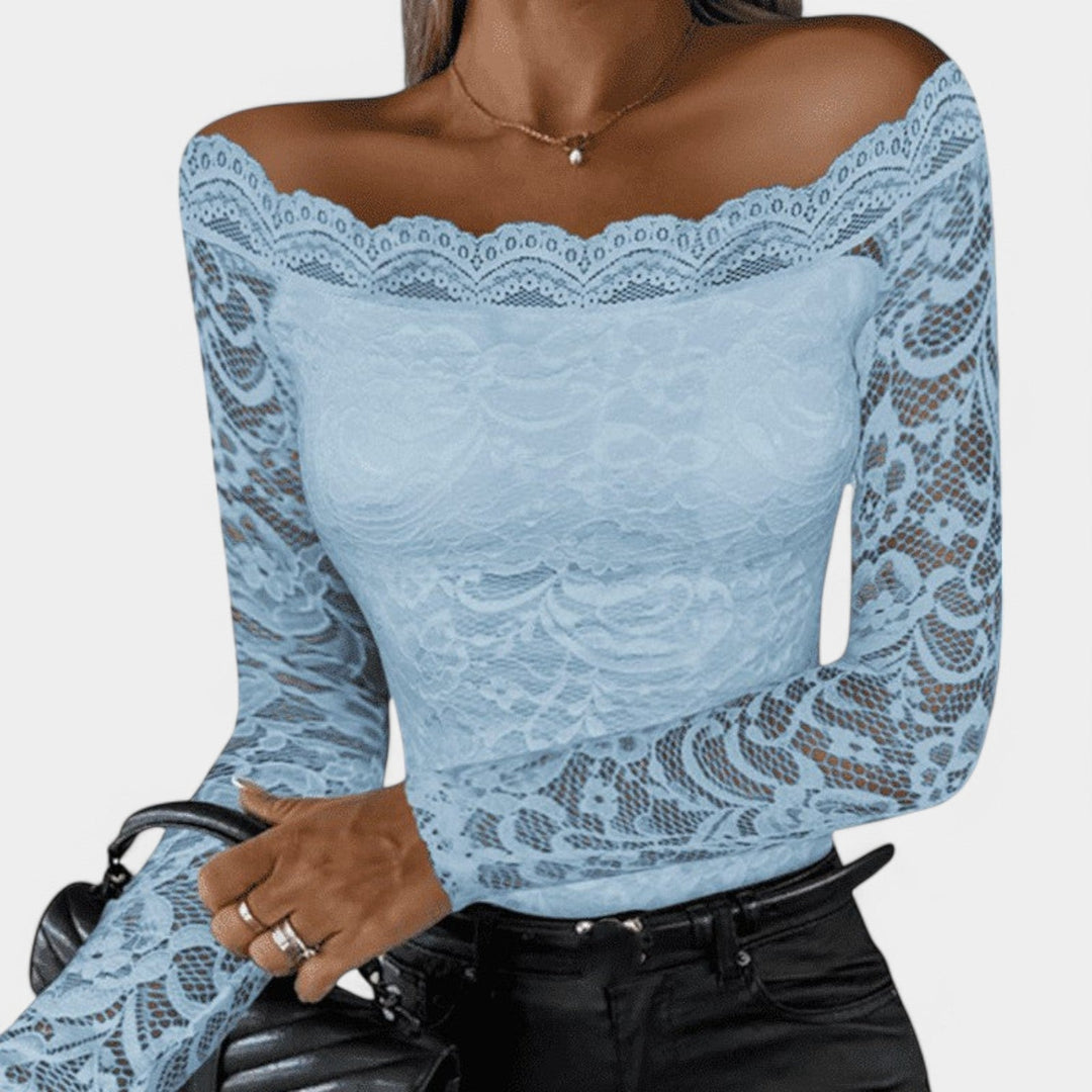 Kvinners Top Utringet Langermet Blonde Elastisk Stoffblanding 4