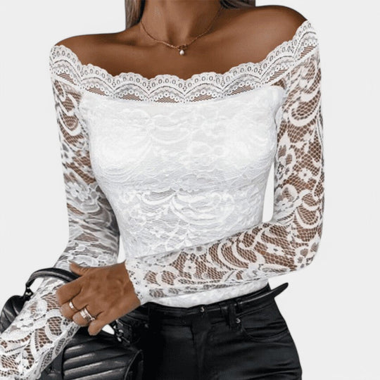 Kvinners Top Utringet Langermet Blonde Elastisk Stoffblanding 6