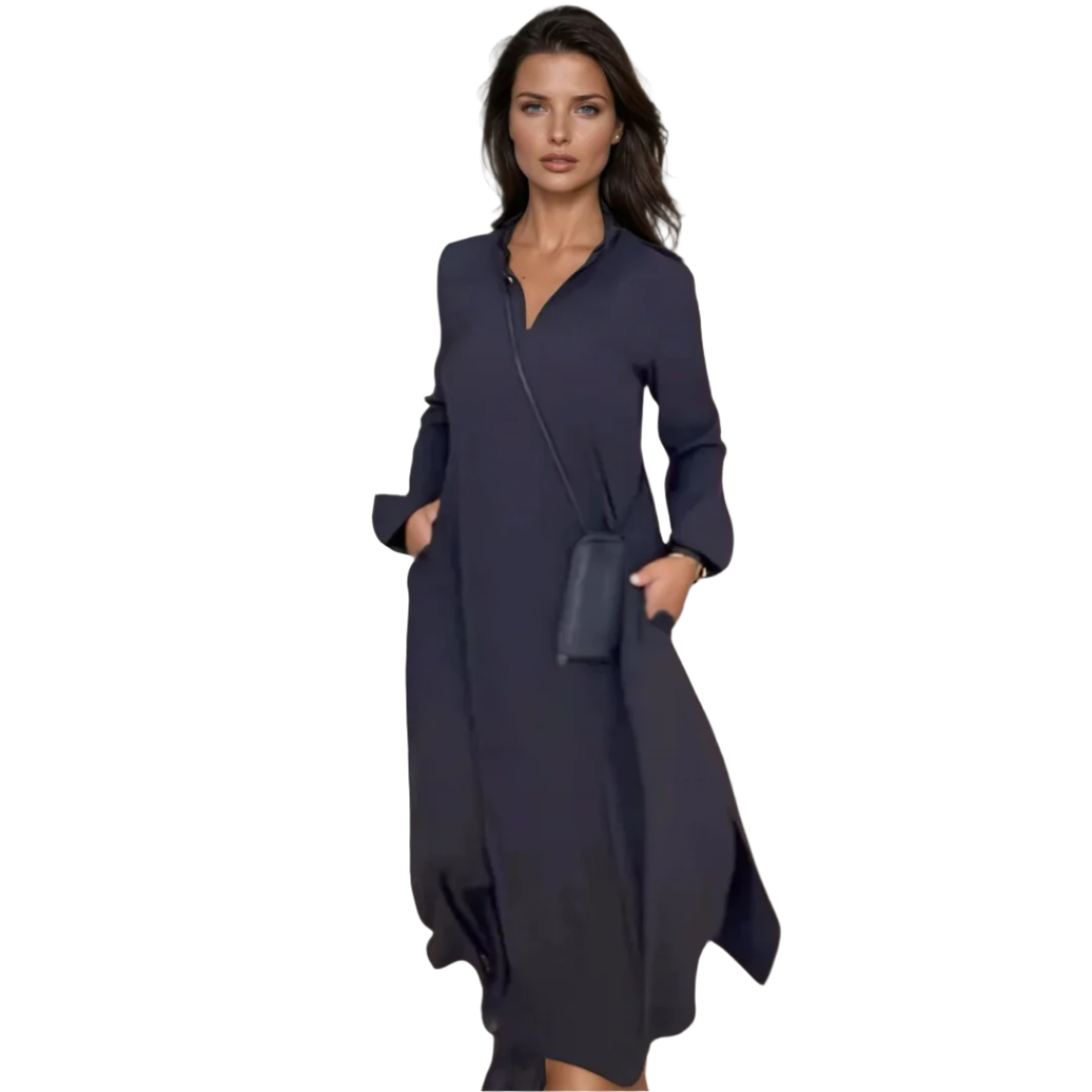 Kvinnes Maxi Kjole Elegant Lang V-Hals Drapert Stoff med Sideslitt 0