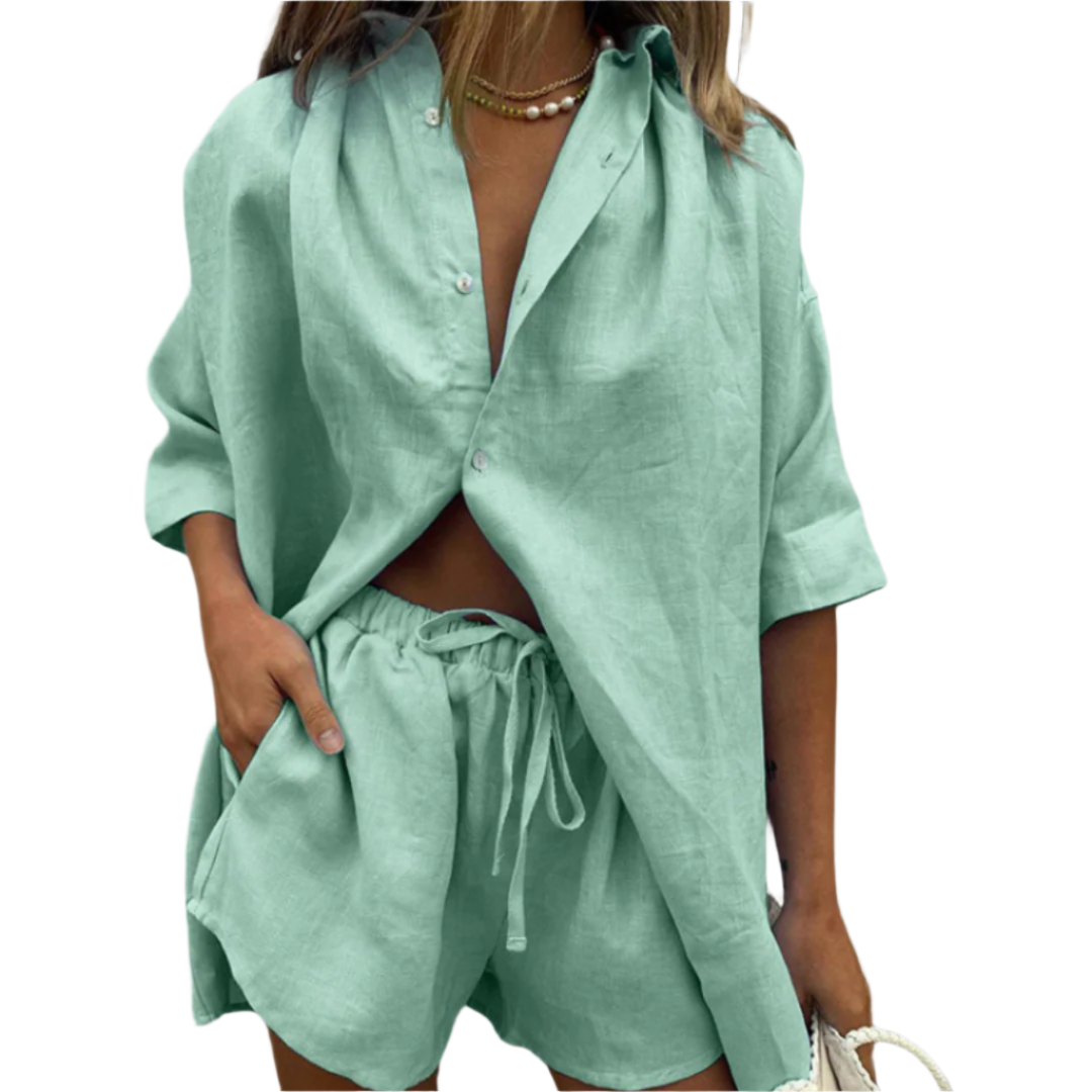 Matchende Sett Dame Oversized Skjorte Justerbare Shorts Myk Pustende Tekstil 0