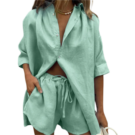 Matchende Sett Dame Oversized Skjorte Justerbare Shorts Myk Pustende Tekstil 0