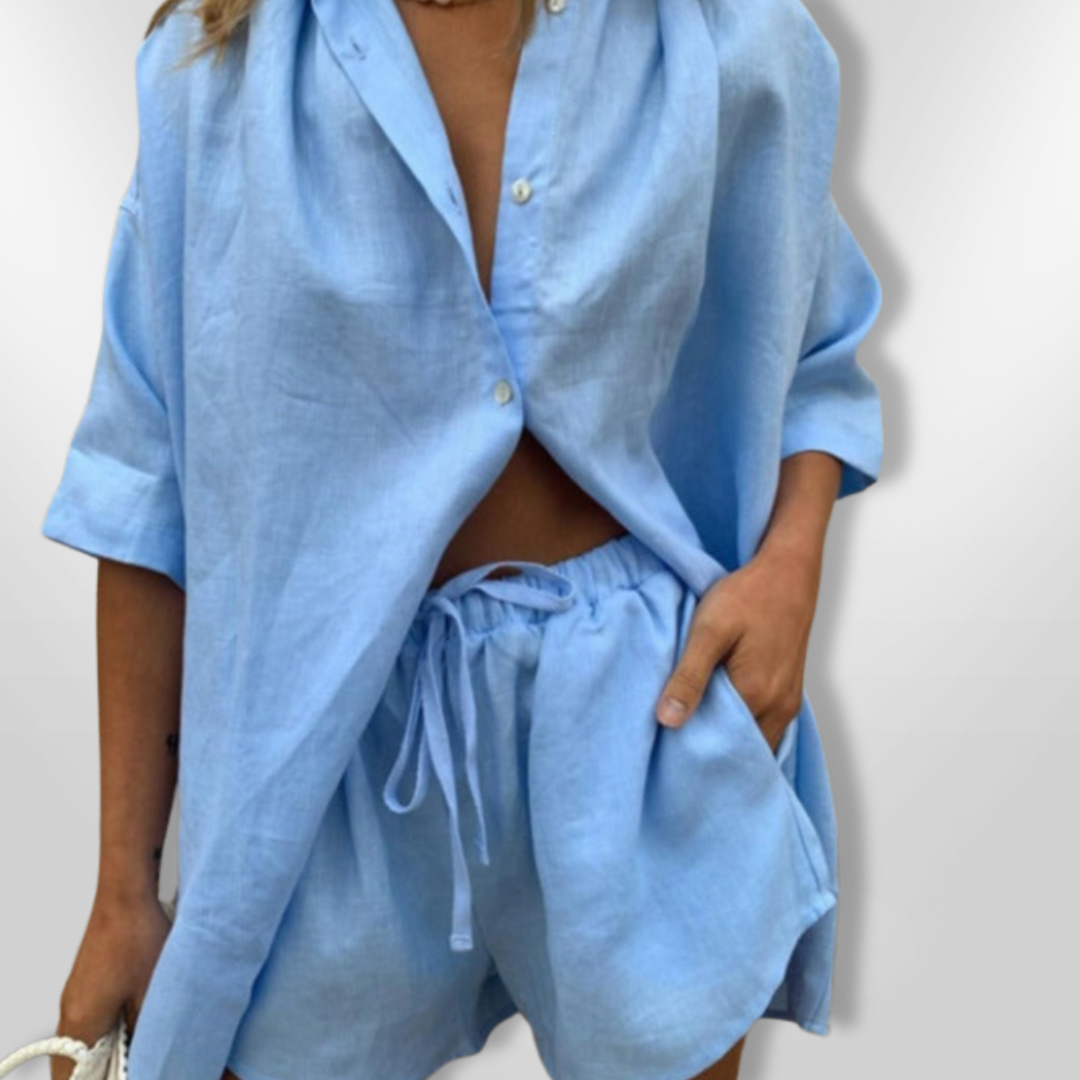 Matchende Sett Dame Oversized Skjorte Justerbare Shorts Myk Pustende Tekstil 4