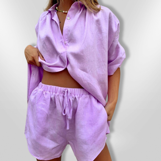 Matchende Sett Dame Oversized Skjorte Justerbare Shorts Myk Pustende Tekstil 5