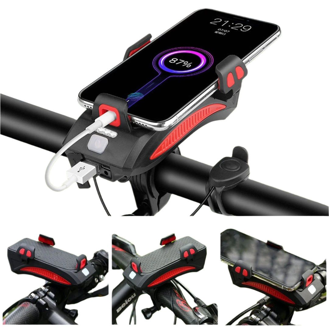 Sykkeltilbehør 4-i-1 med LED-lampe, Telefonholder og Powerbank 0