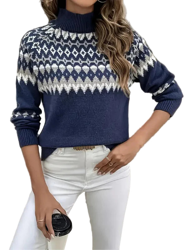 Ullgenser Dame Turtleneck med Geometrisk Mønster Ribbede Kanter 0