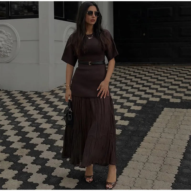 Kvinners mesh patchwork halvermet plissert kjole