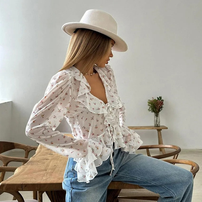 V-halset chiffongbluse med trykk for kvinner