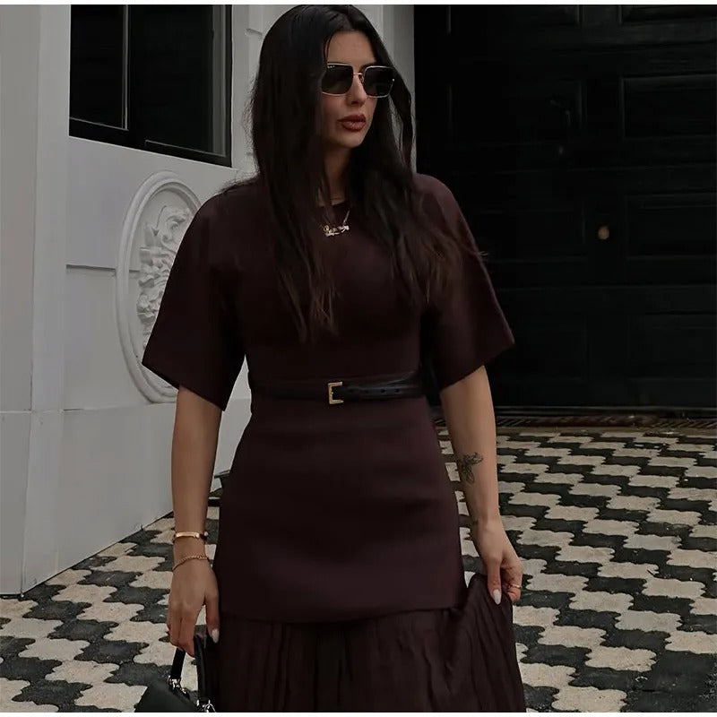 Kvinners mesh patchwork halvermet plissert kjole