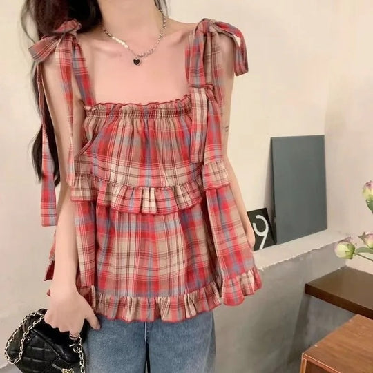 Rutete Ermeløs Crop Tank Top for kvinner