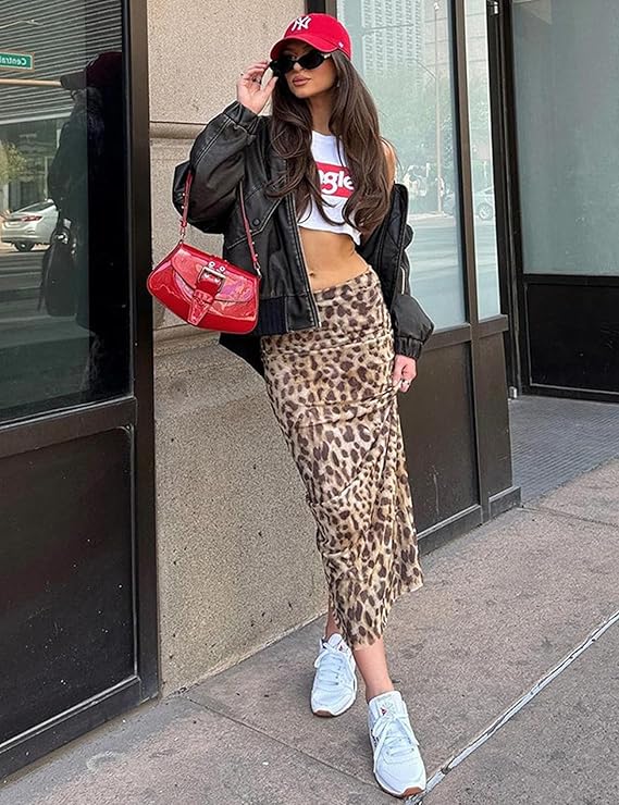 Langt skjørt med leopardtrykk for dame