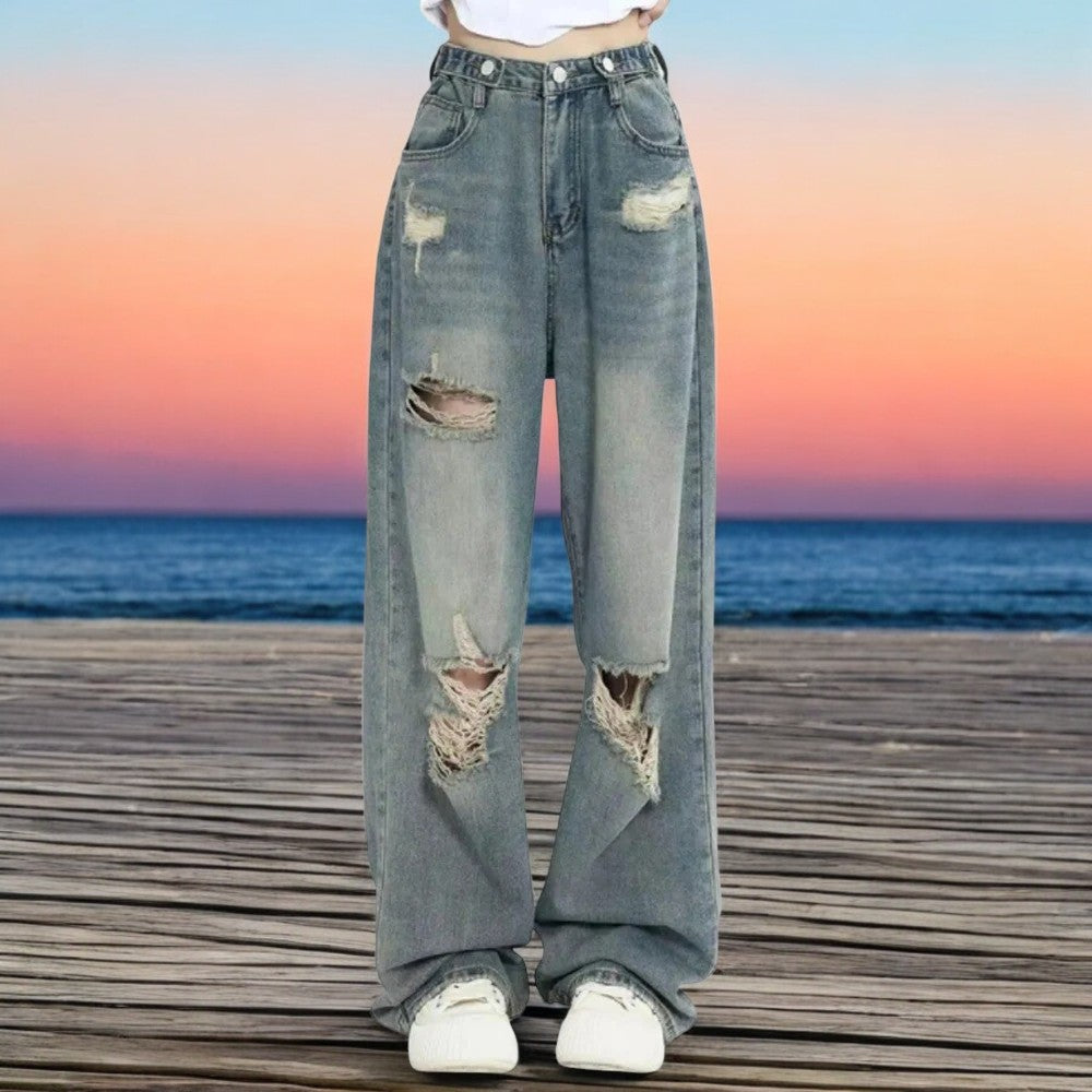 Gescheurde damesjeans met hoge taille