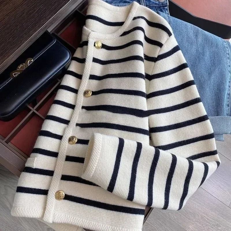 Stripe strikket cardigan for kvinner