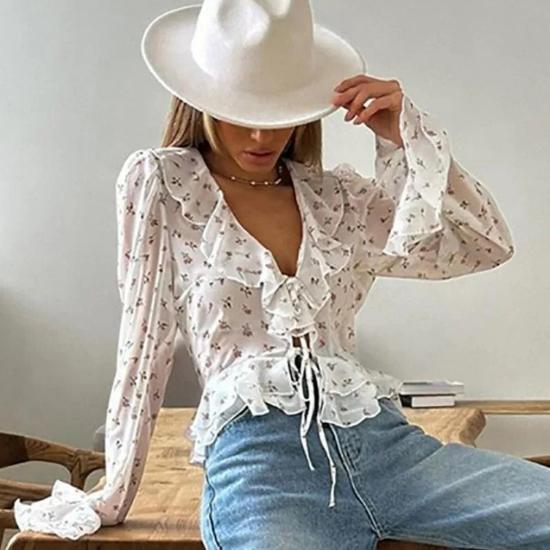 V-halset chiffongbluse med trykk for kvinner