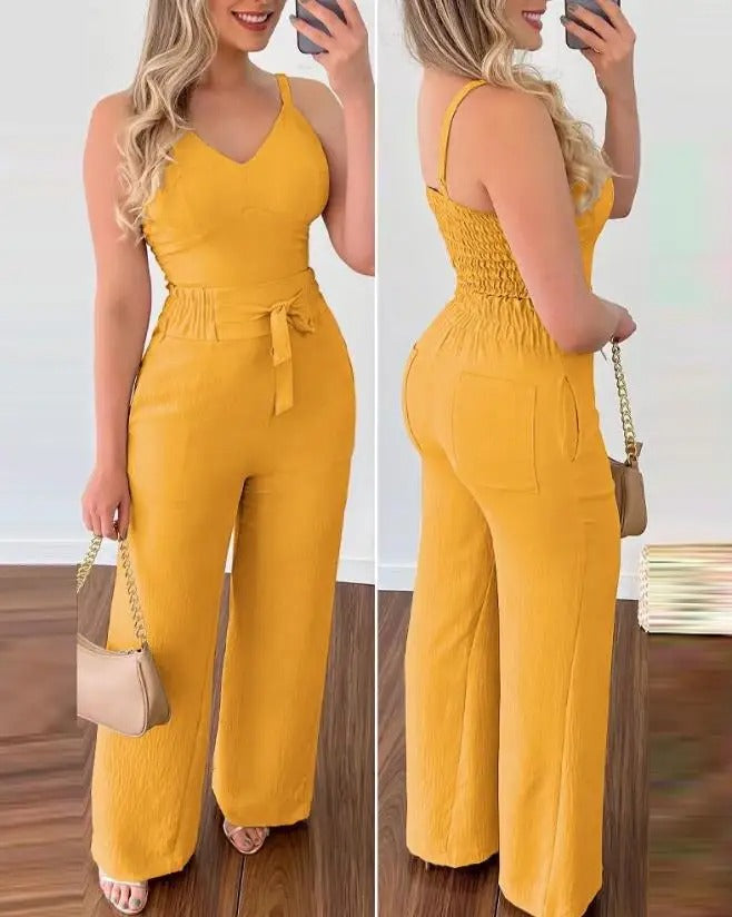 Spaghetti stropp V-hals ryggløs jumpsuit
