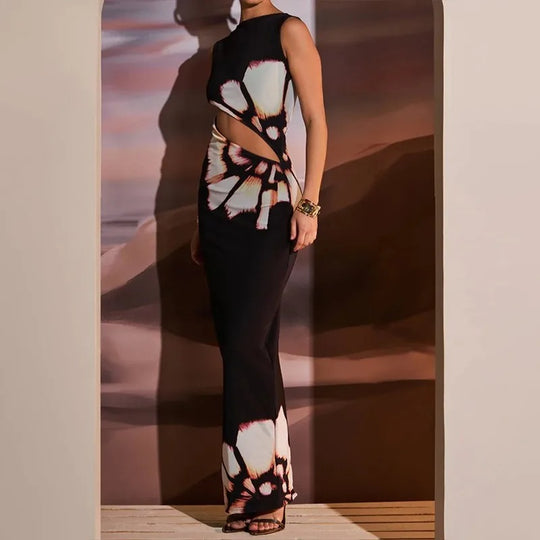 Kvinners ermeløs sommerkjole med utskjæring og trykk