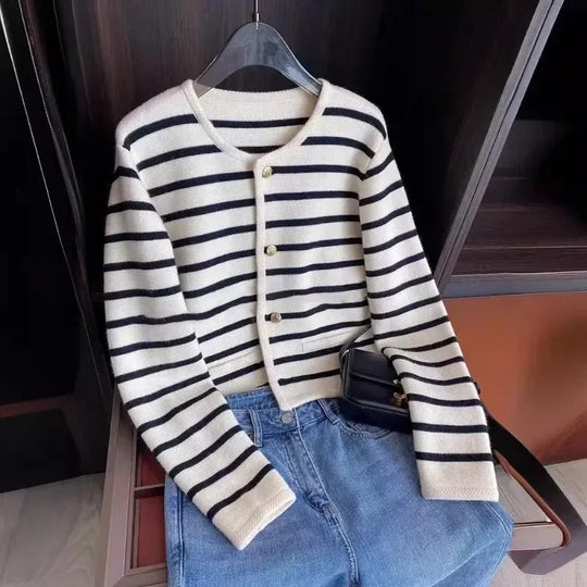 Stripe strikket cardigan for kvinner