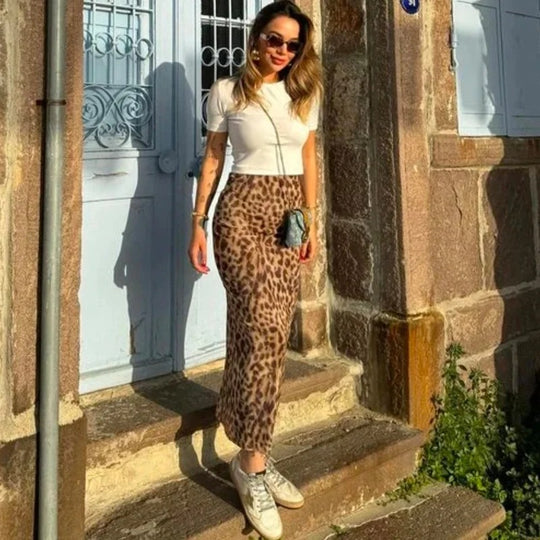 Langt skjørt med leopardtrykk for dame