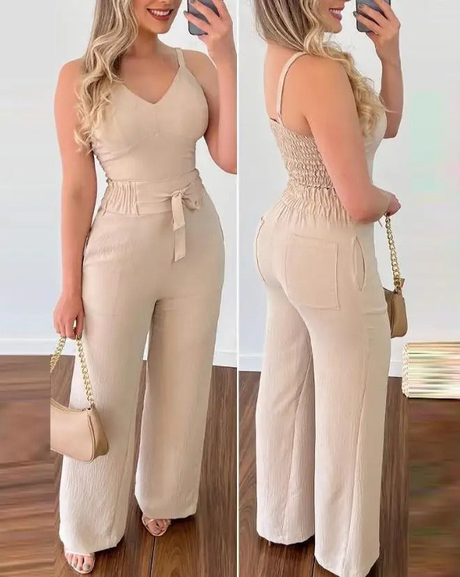 Spaghetti stropp V-hals ryggløs jumpsuit