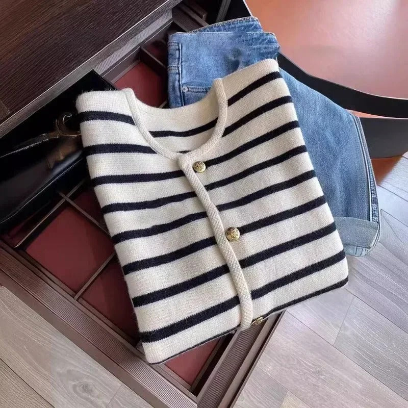Stripe strikket cardigan for kvinner