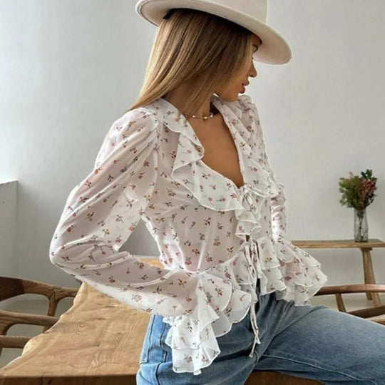 V-halset chiffongbluse med trykk for kvinner