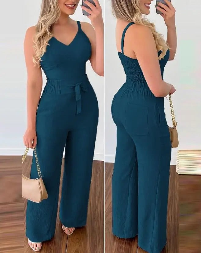 Spaghetti stropp V-hals ryggløs jumpsuit
