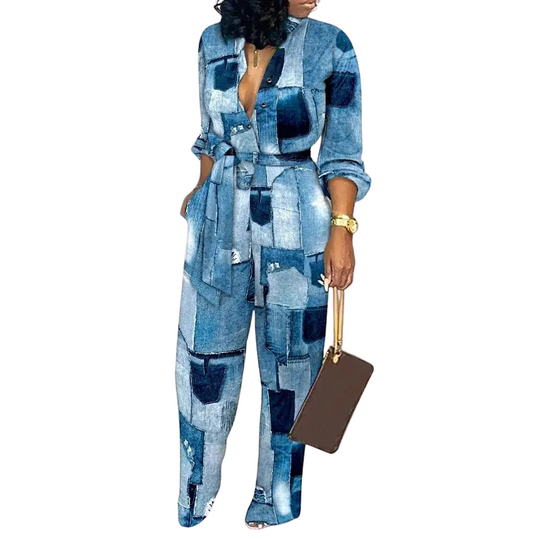 Fashion Print V-hals Jumpsuit med høy midje