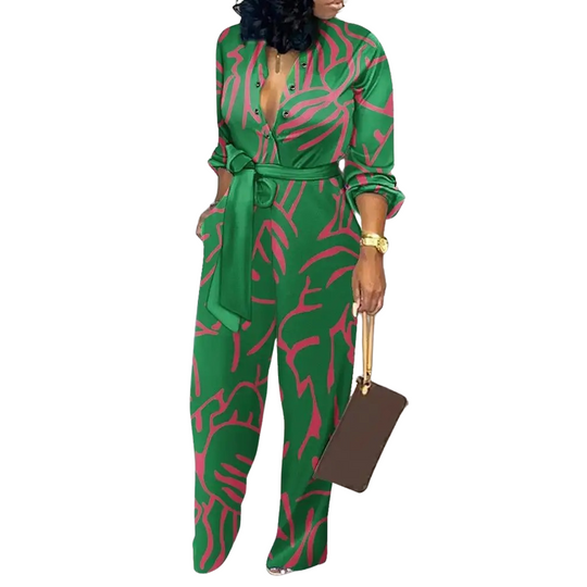 Fashion Print V-hals Jumpsuit med høy midje