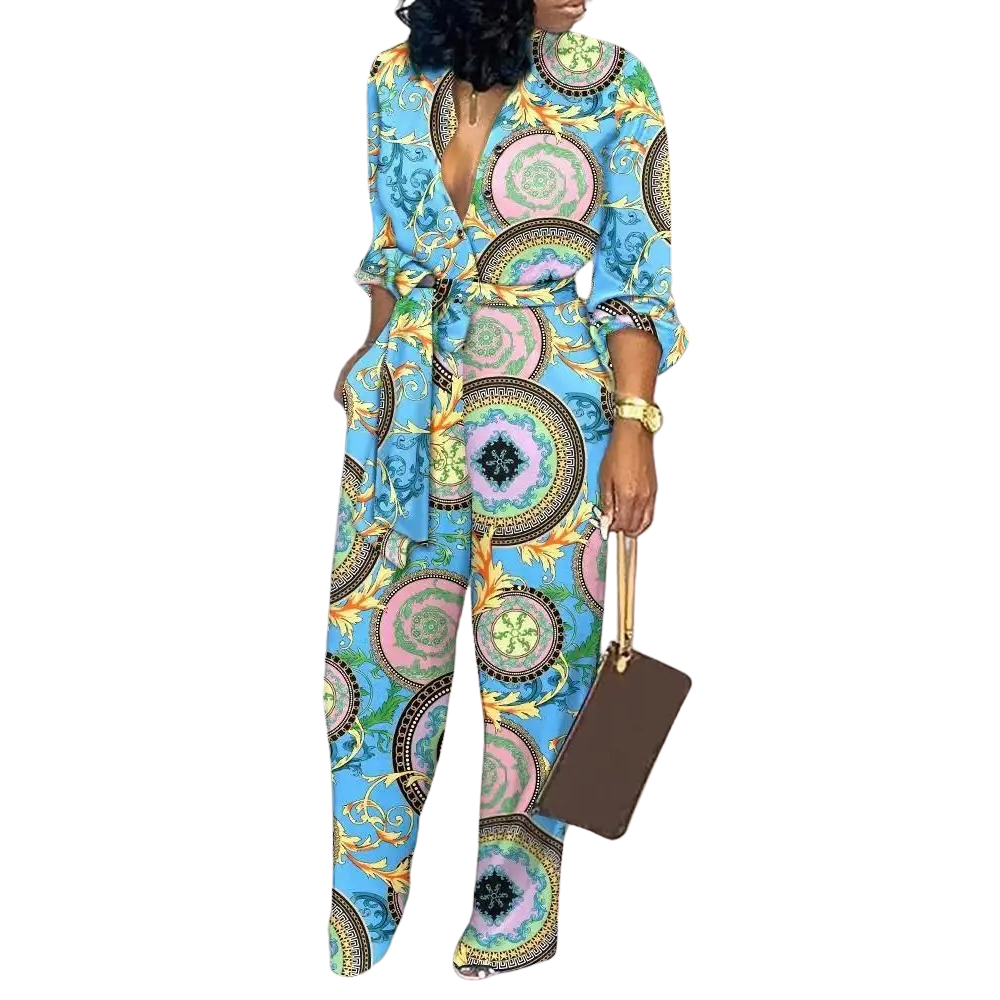 Fashion Print V-hals Jumpsuit med høy midje