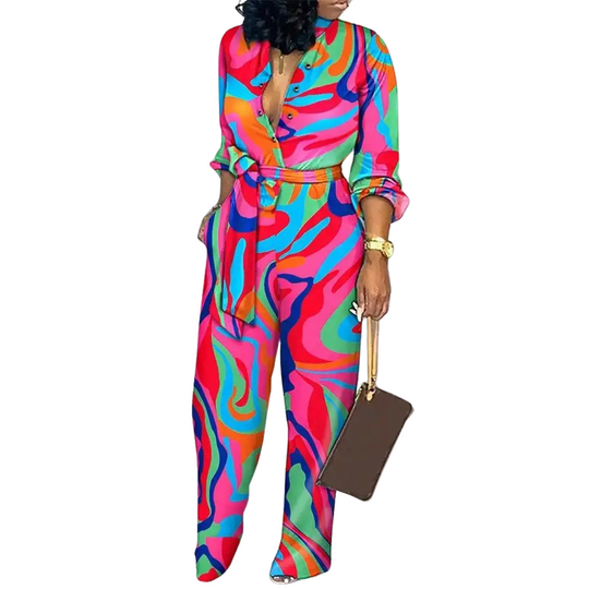 Fashion Print V-hals Jumpsuit med høy midje