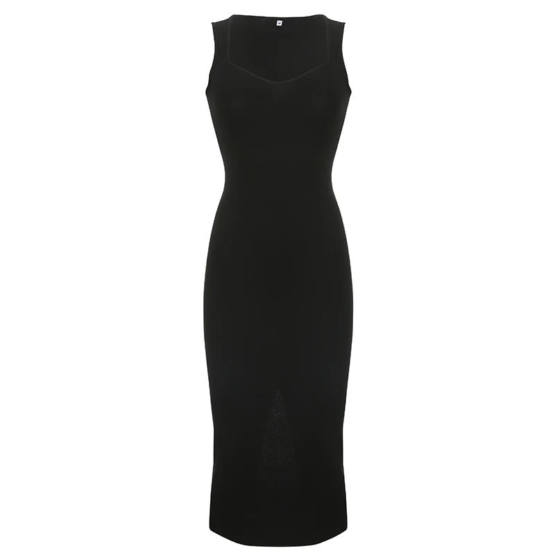 Strikket lang kjole med firkantet hals for kvinner