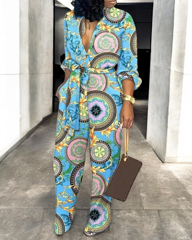 Fashion Print V-hals Jumpsuit med høy midje
